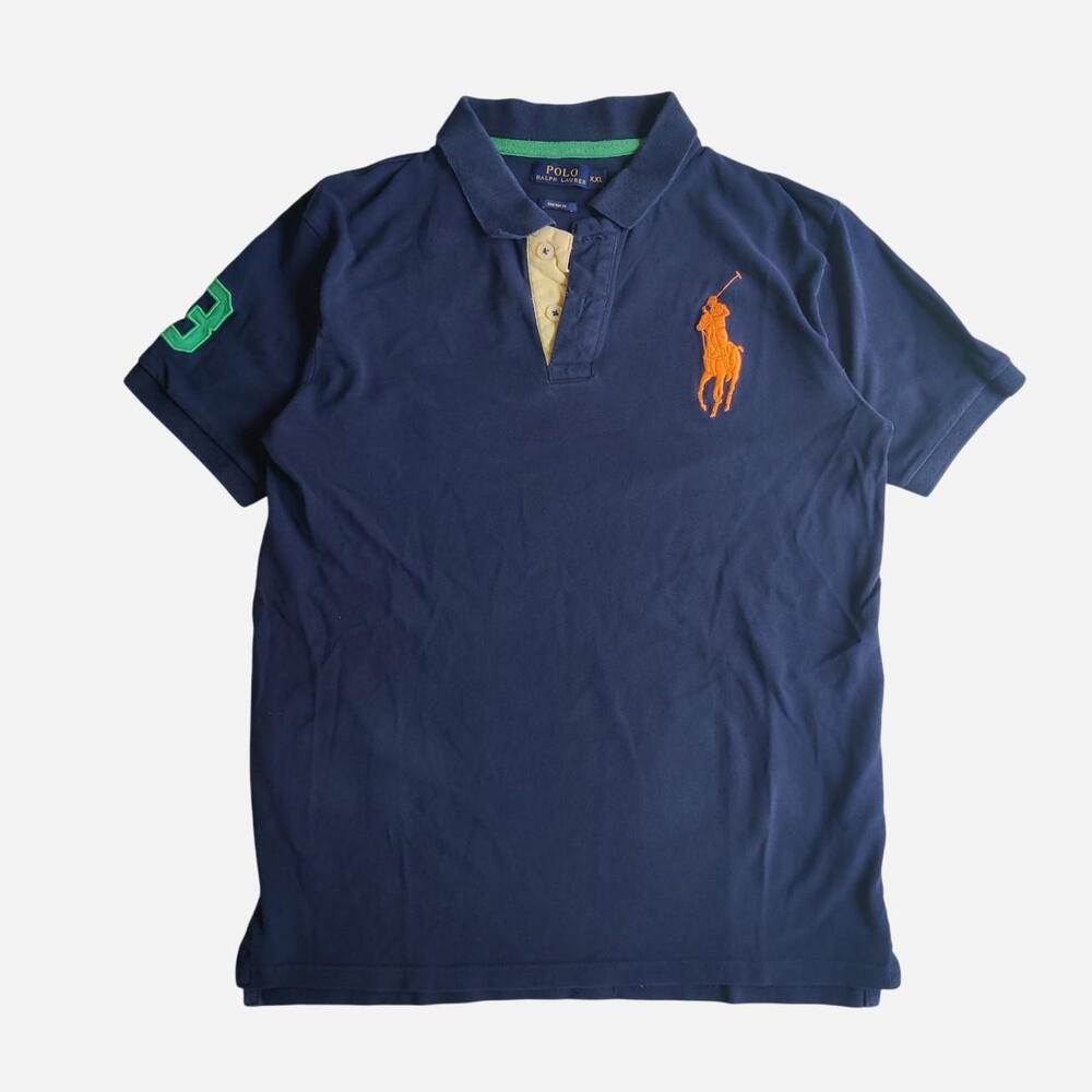 Navy Polo Ralph Lauren big Pony polo shirt with orange logo